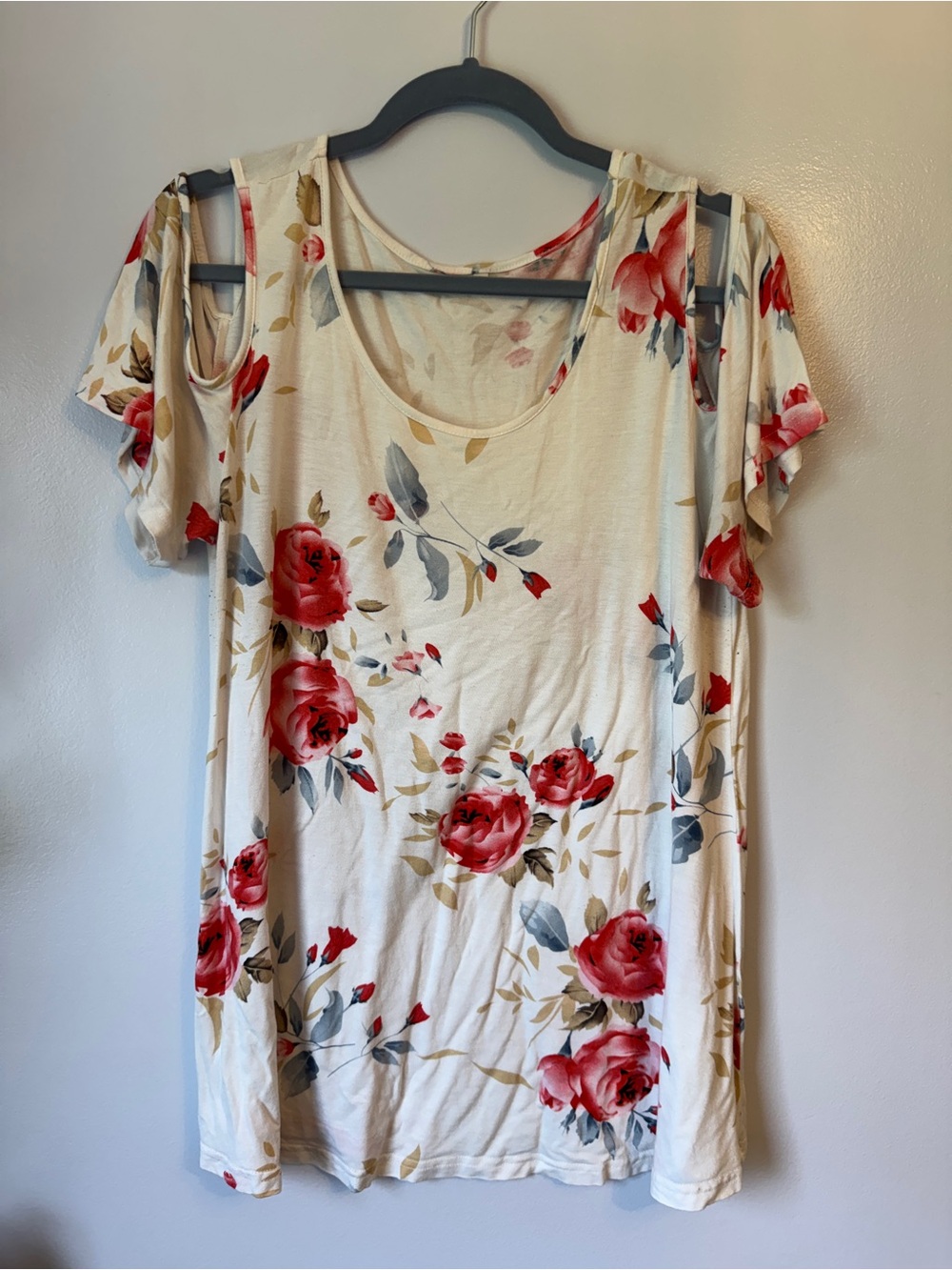 Cream Floral Cold-Shoulder Top with Red Roses